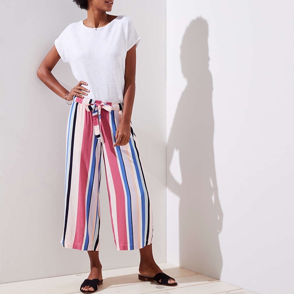 LOFT Pink Blue Multicolor Striped Cropped Wide-Leg Pants